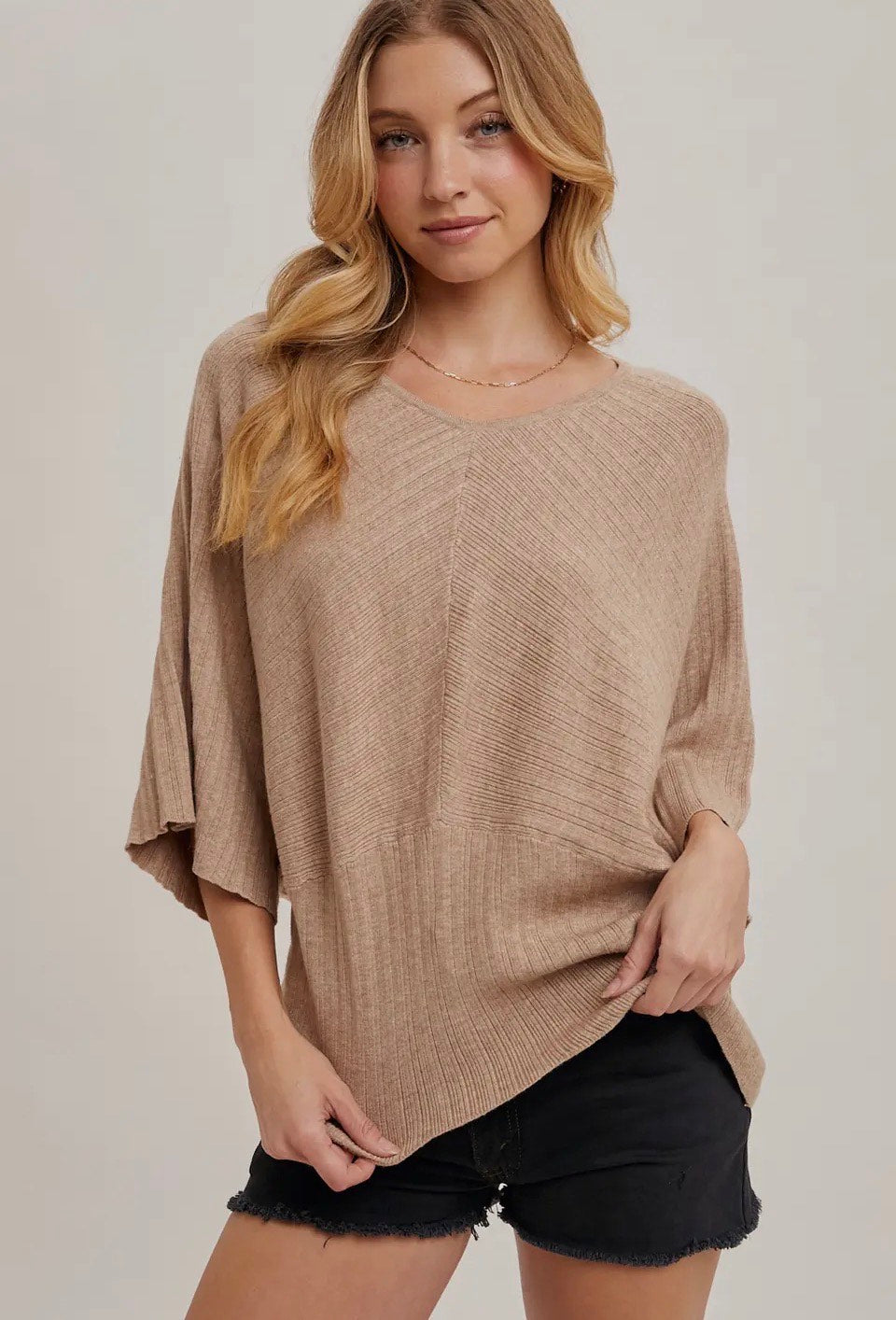 Bluivy Sand V-Neck Dolman 3/4 Sleeved Knit Pullover Sweater