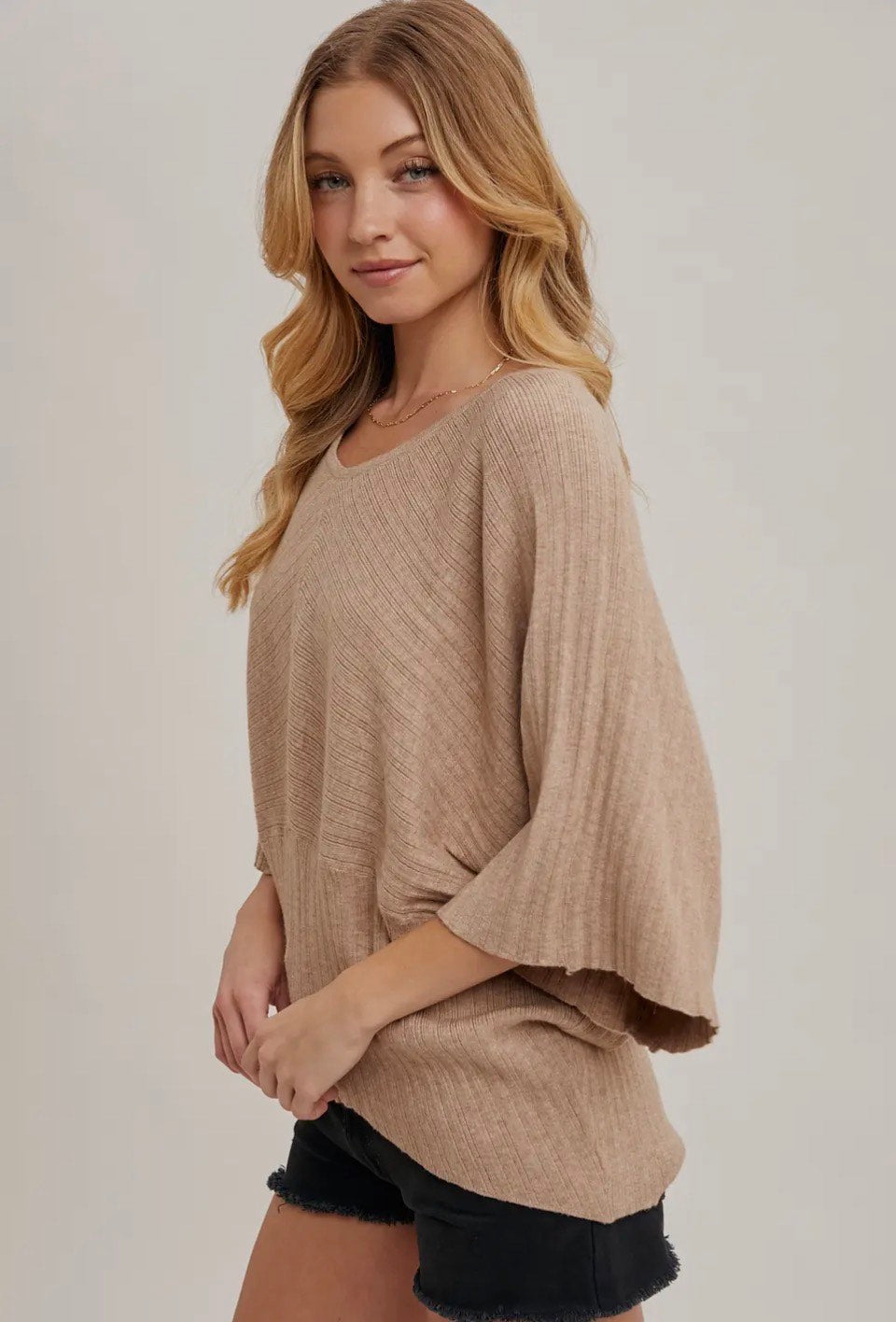 Bluivy Sand V-Neck Dolman 3/4 Sleeved Knit Pullover Sweater