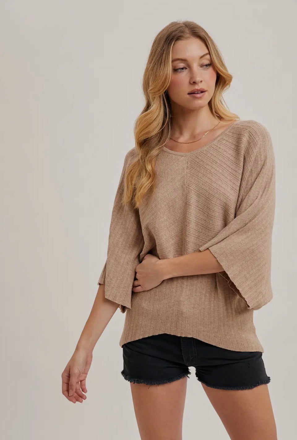 Bluivy Sand V-Neck Dolman 3/4 Sleeved Knit Pullover Sweater