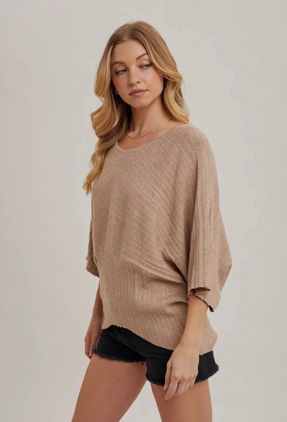 Bluivy Sand V-Neck Dolman 3/4 Sleeved Knit Pullover Sweater