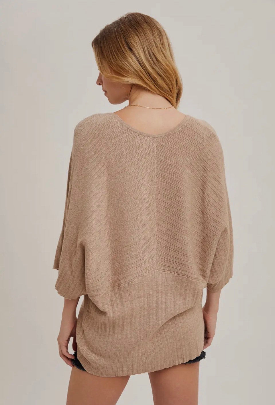 Bluivy Sand V-Neck Dolman 3/4 Sleeved Knit Pullover Sweater