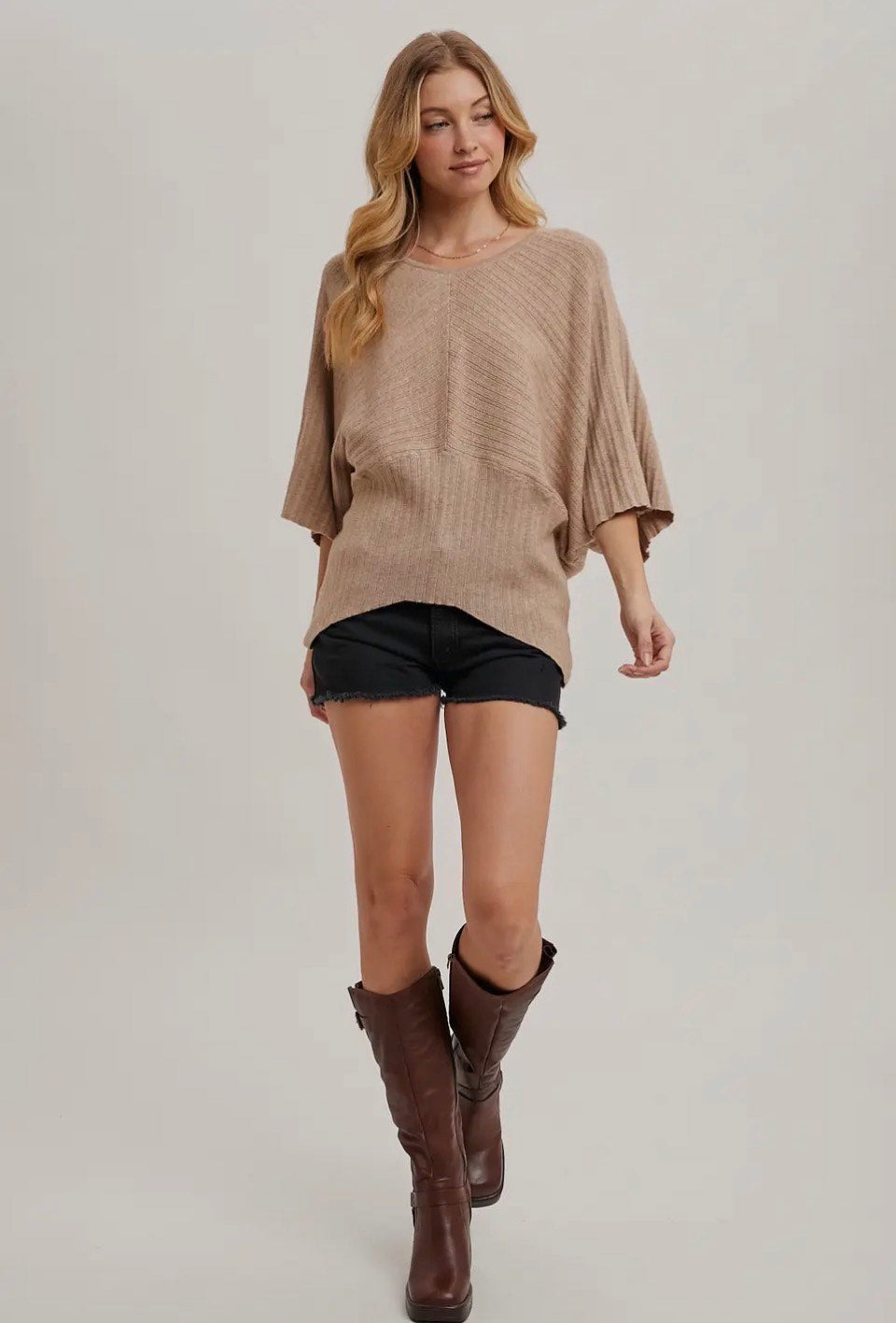 Bluivy Sand V-Neck Dolman 3/4 Sleeved Knit Pullover Sweater