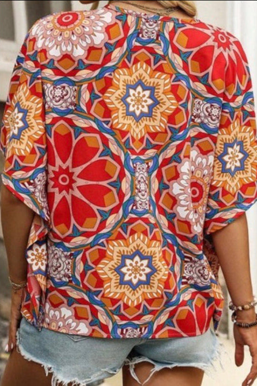Boho  Red Floral V Neck Short Sleeve Batwing Blouse