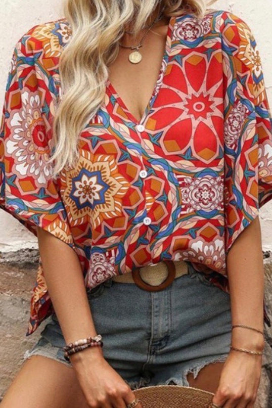 Boho  Red Floral V Neck Short Sleeve Batwing Blouse