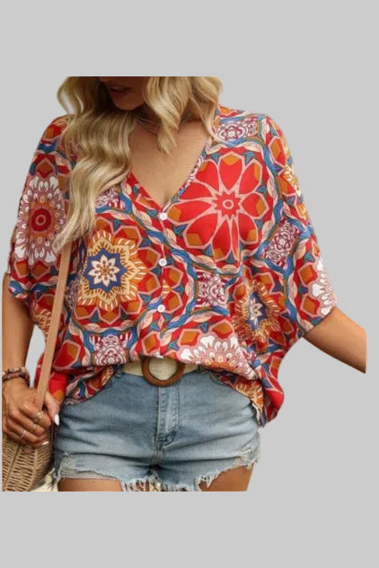 Boho  Red Floral V Neck Short Sleeve Batwing Blouse
