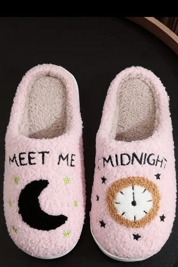Meet Me at Midnight Clock & Moon Plush Women's Slippers