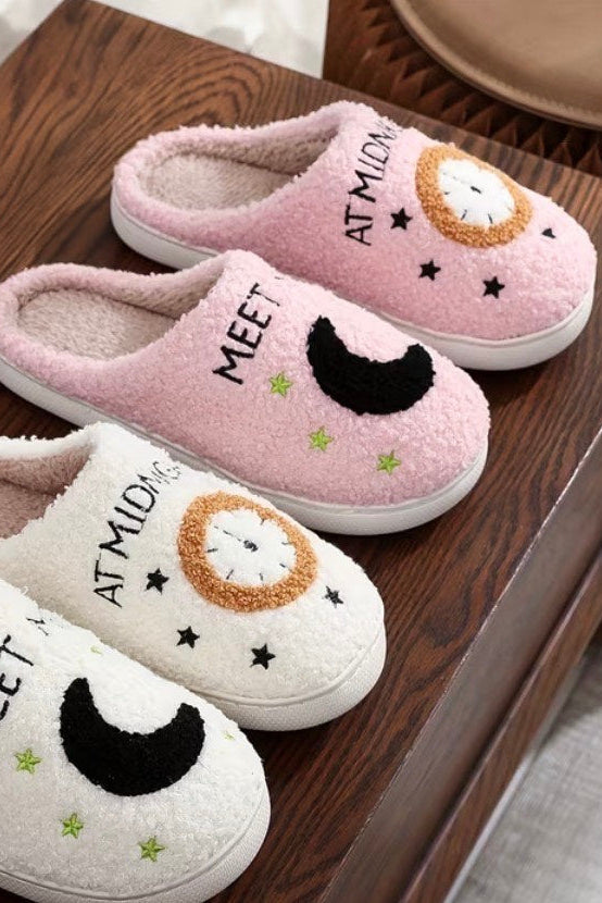 Meet Me at Midnight Clock & Moon Plush Women's Slippers
