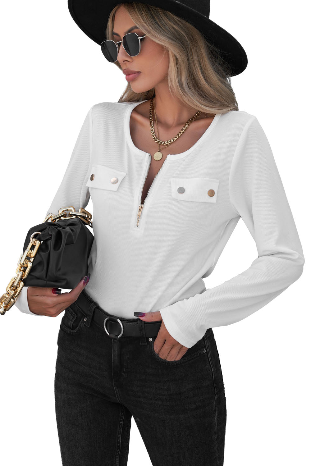 Ribbed Zipper White Long Sleeve Top