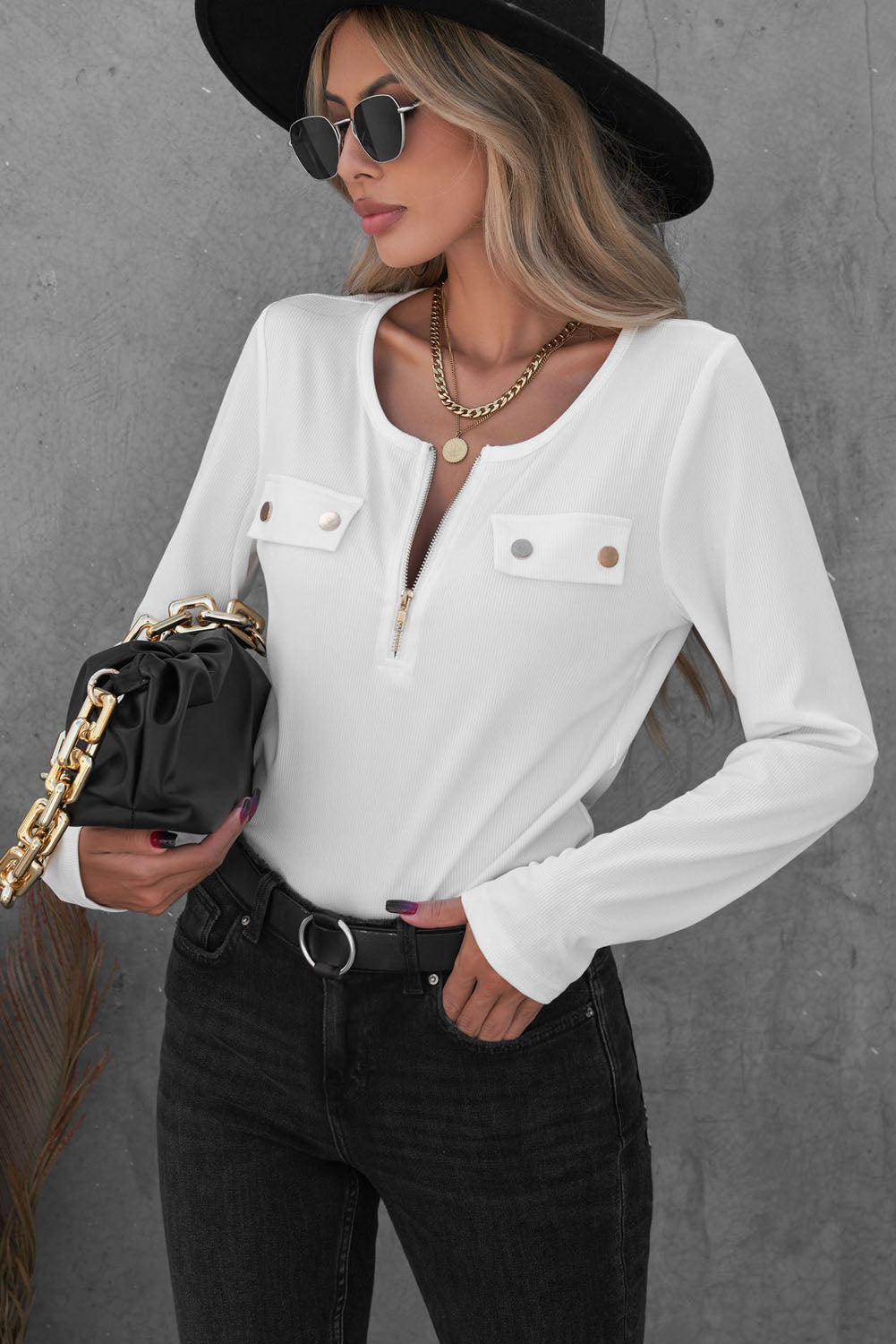 Ribbed Zipper White Long Sleeve Top