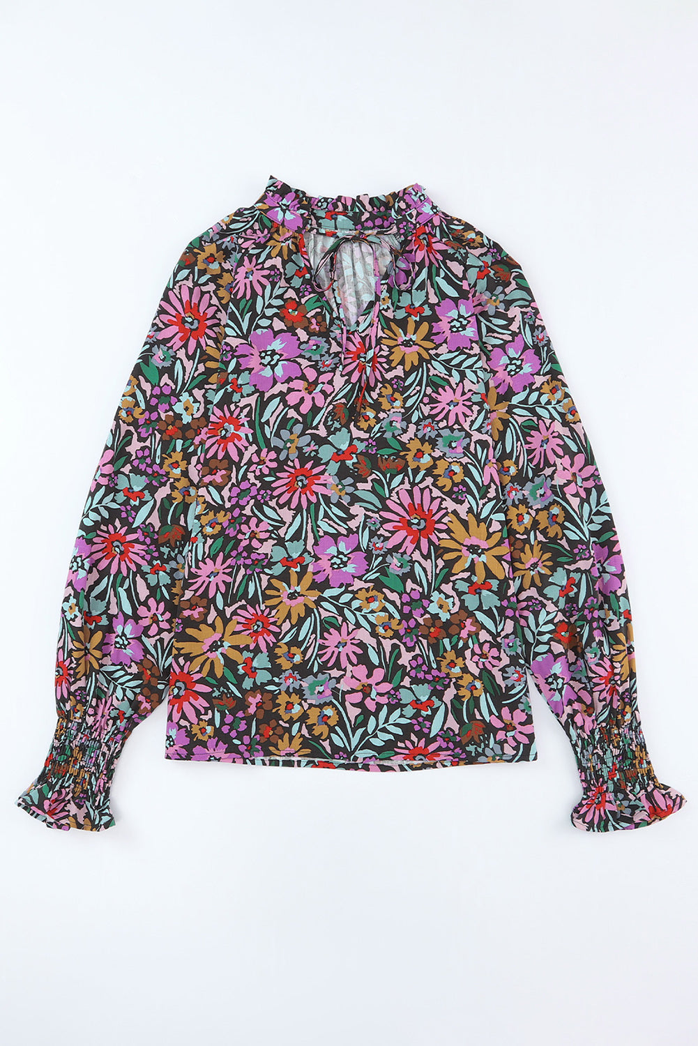 Multicolor Boho Floral Print Ruffled Long Sleeve V-Neck Blouse