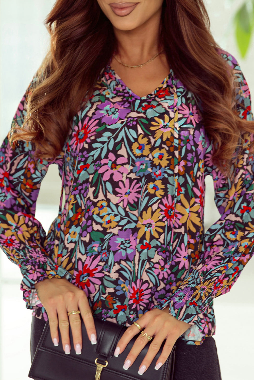 Multicolor Boho Floral Print Ruffled Long Sleeve V-Neck Blouse