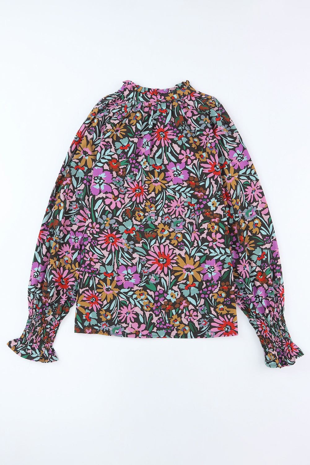 Multicolor Boho Floral Print Ruffled Long Sleeve V-Neck Blouse