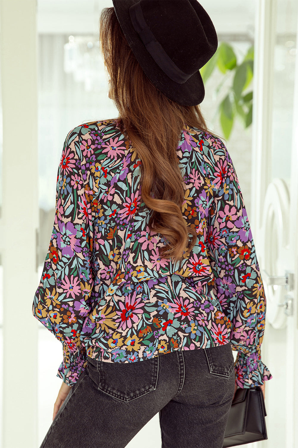 Multicolor Boho Floral Print Ruffled Long Sleeve V-Neck Blouse