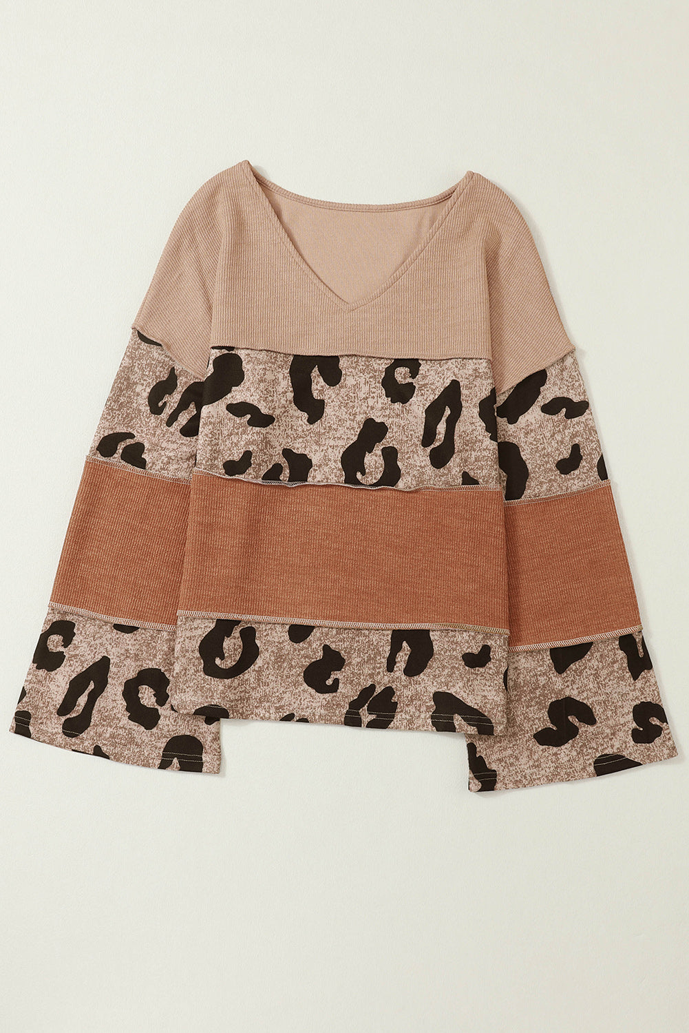 Leopard Print Color Block Long Sleeve Loose Fit Knit Patchwork Top