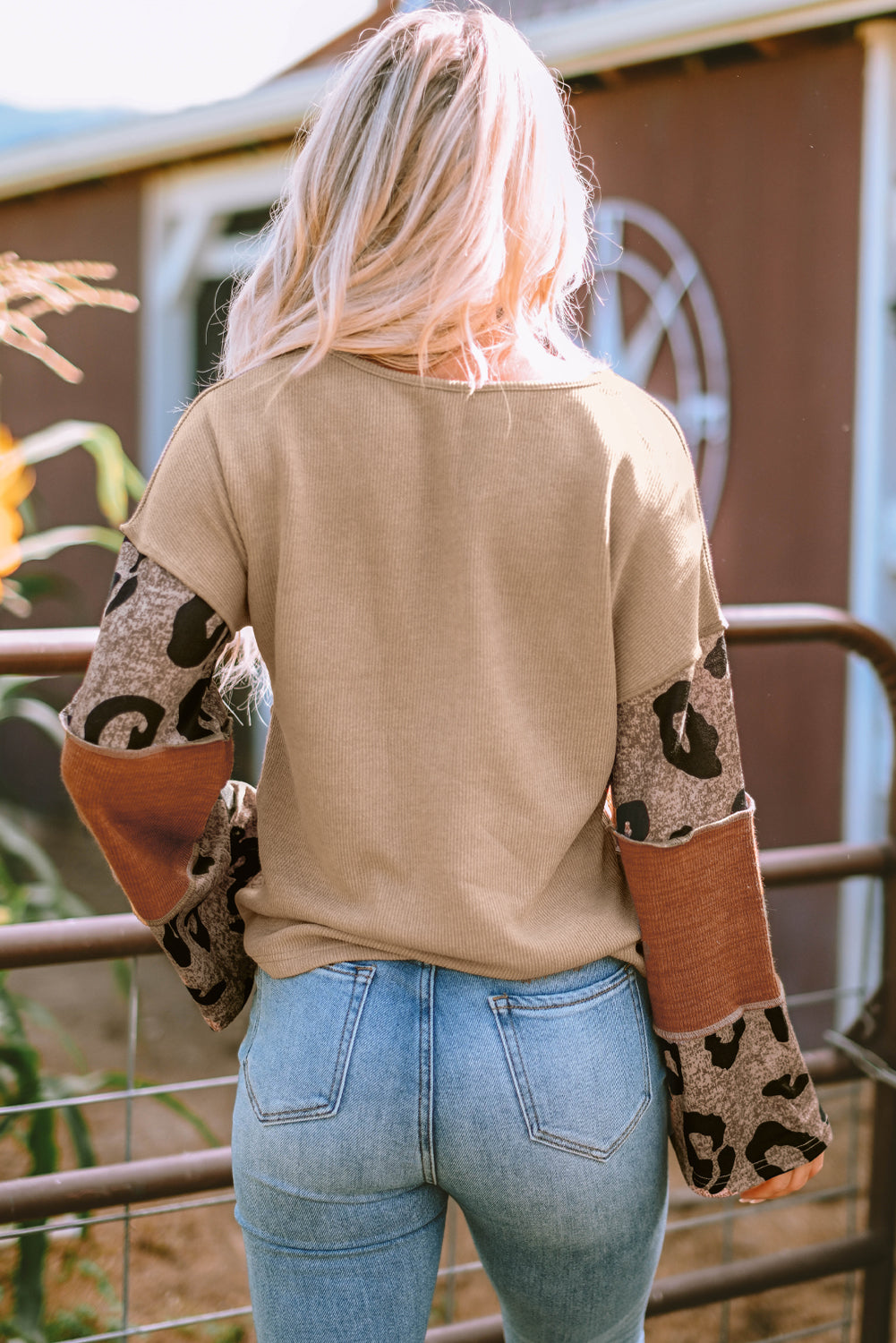 Leopard Print Color Block Long Sleeve Loose Fit Knit Patchwork Top