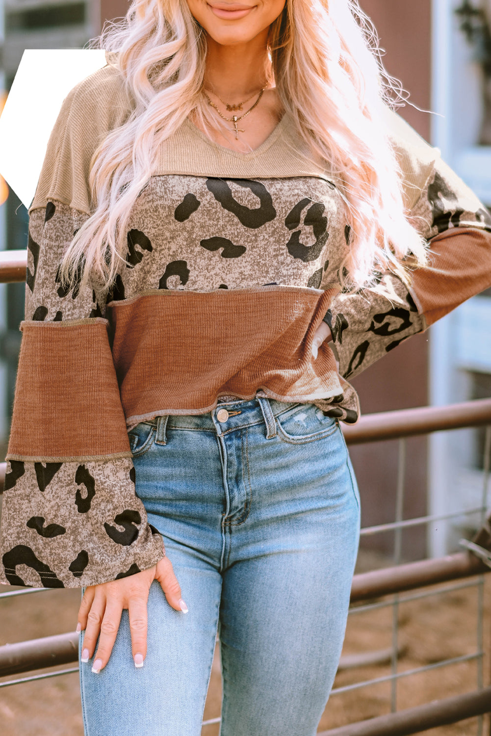 Leopard Print Color Block Long Sleeve Loose Fit Knit Patchwork Top