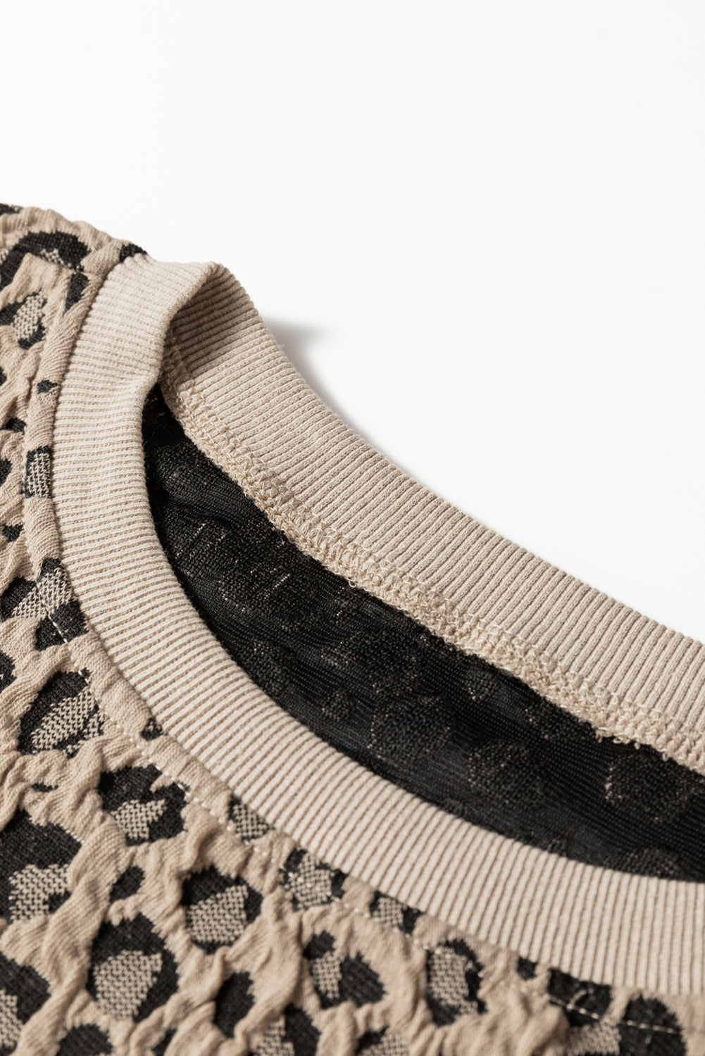 Khaki Ribbed Trim Leopard Print Long Sleeve Top