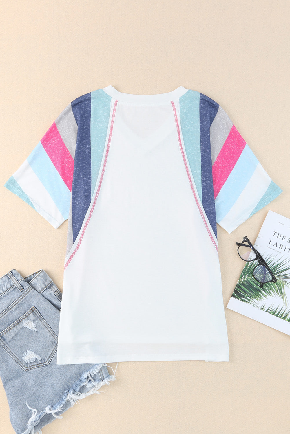 White Striped Patchwork V Neck Relaxed Fit Tee Shirt