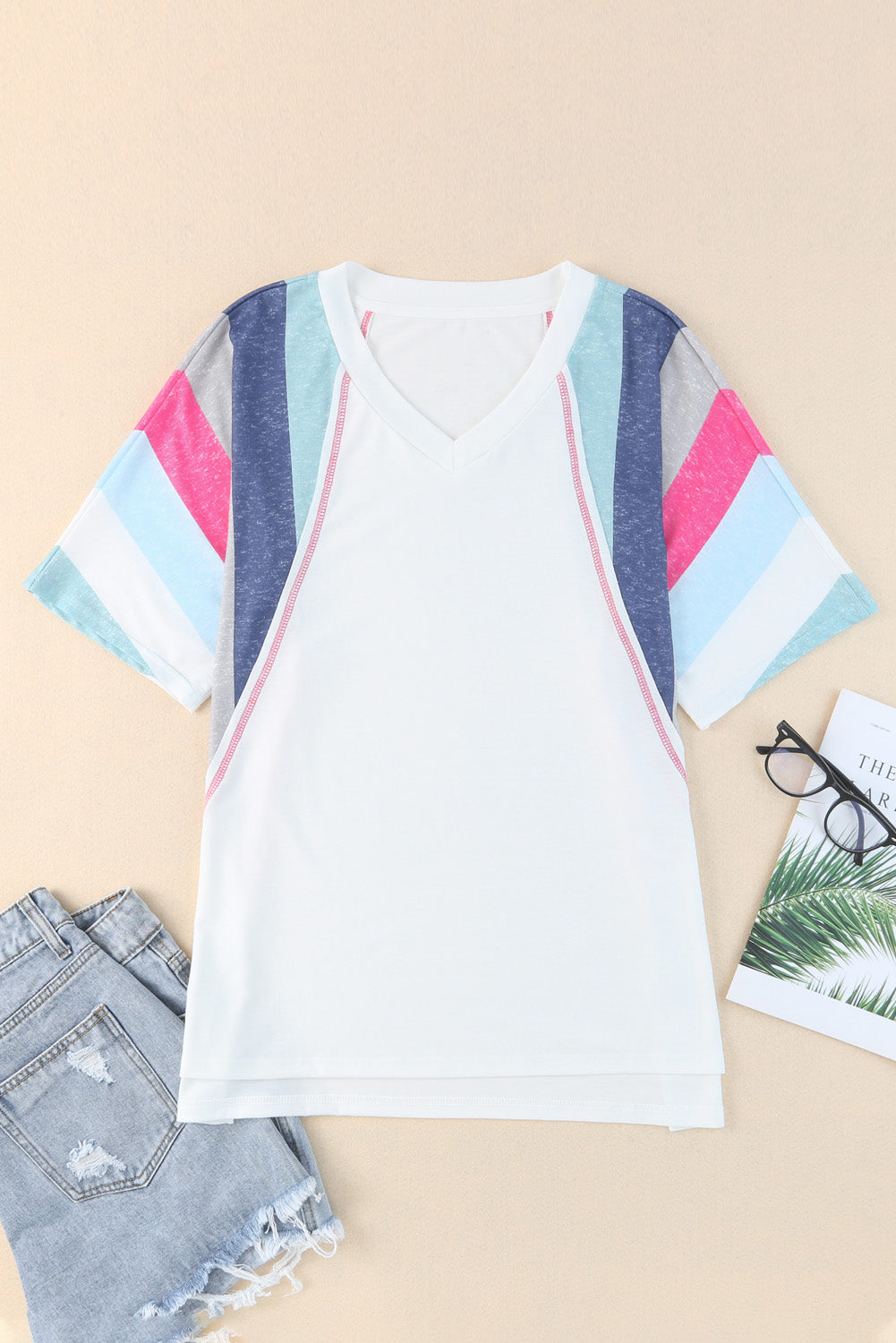 White Striped Patchwork V Neck Relaxed Fit Tee Shirt