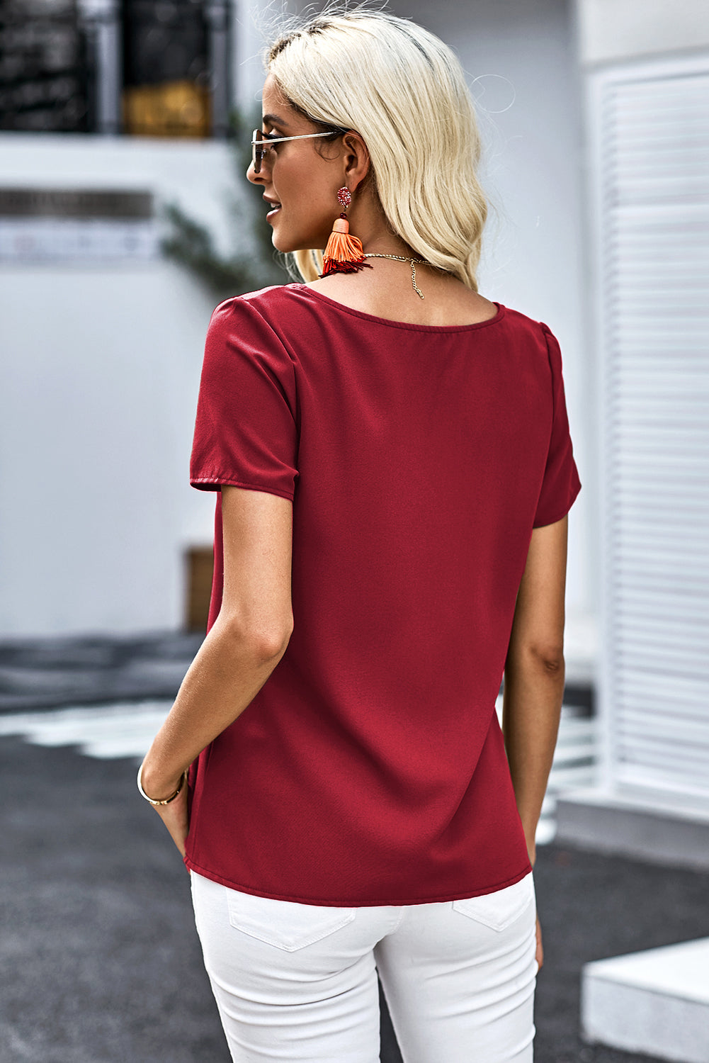 Fiery Red Button Detail Short Sleeve V Neck Blouse
