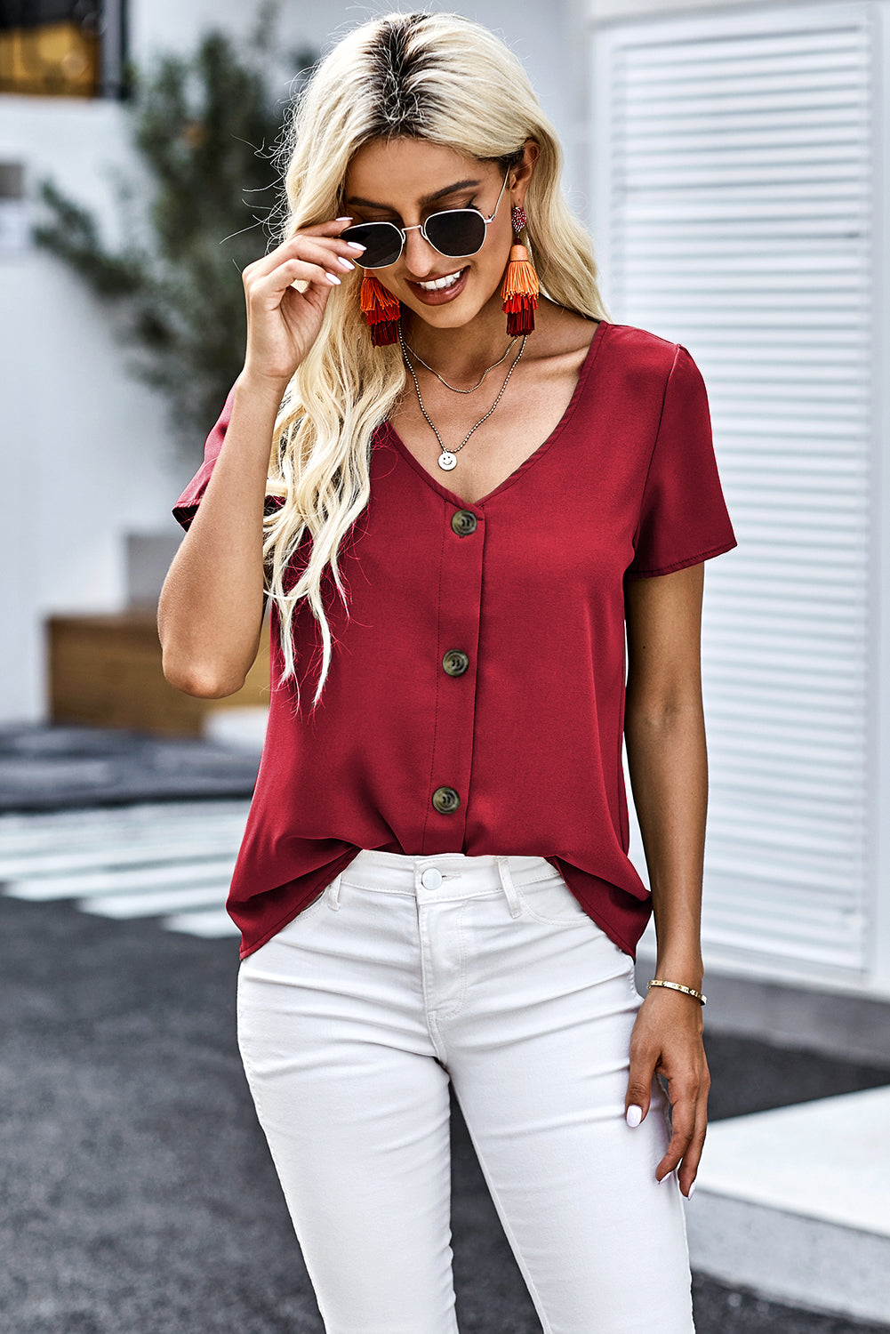 Fiery Red Button Detail Short Sleeve V Neck Blouse