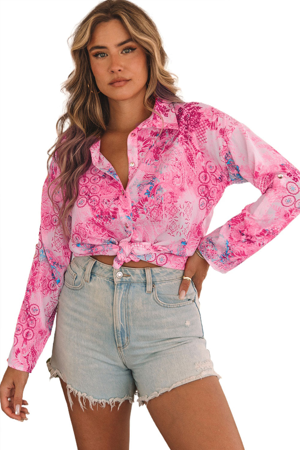 Rose Baroque Floral Roll-tab Sleeve Shirt (S-XL)