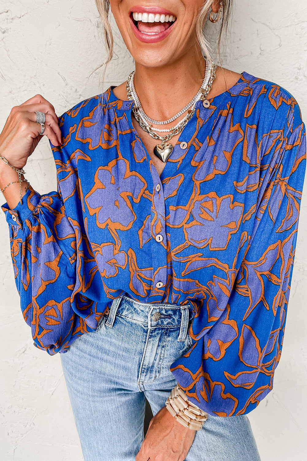 Blue floral print batwing sleeve loose fit blouse