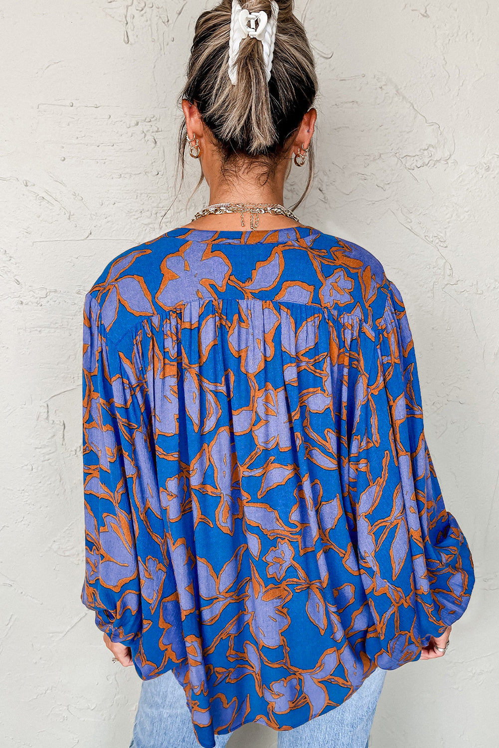 Blue floral print batwing sleeve loose fit blouse