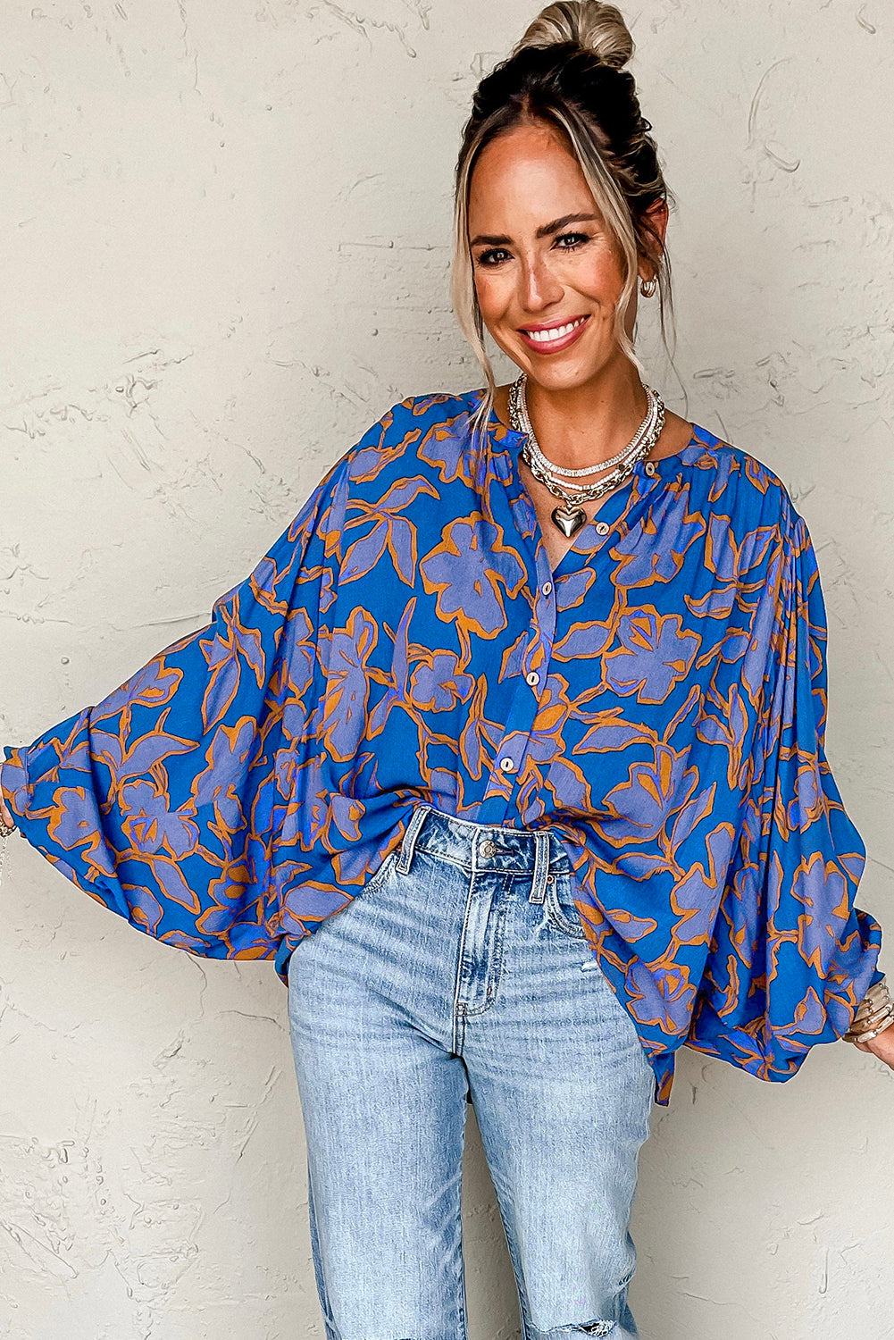 Blue floral print batwing sleeve loose fit blouse