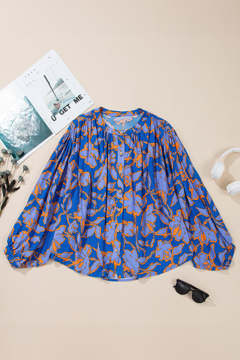 Blue floral print batwing sleeve loose fit blouse