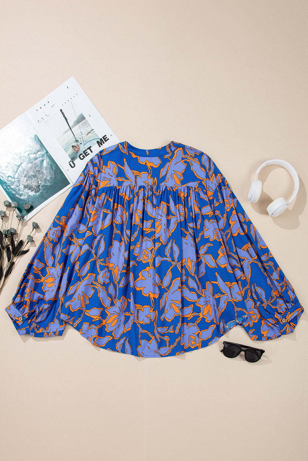Blue floral print batwing sleeve loose fit blouse