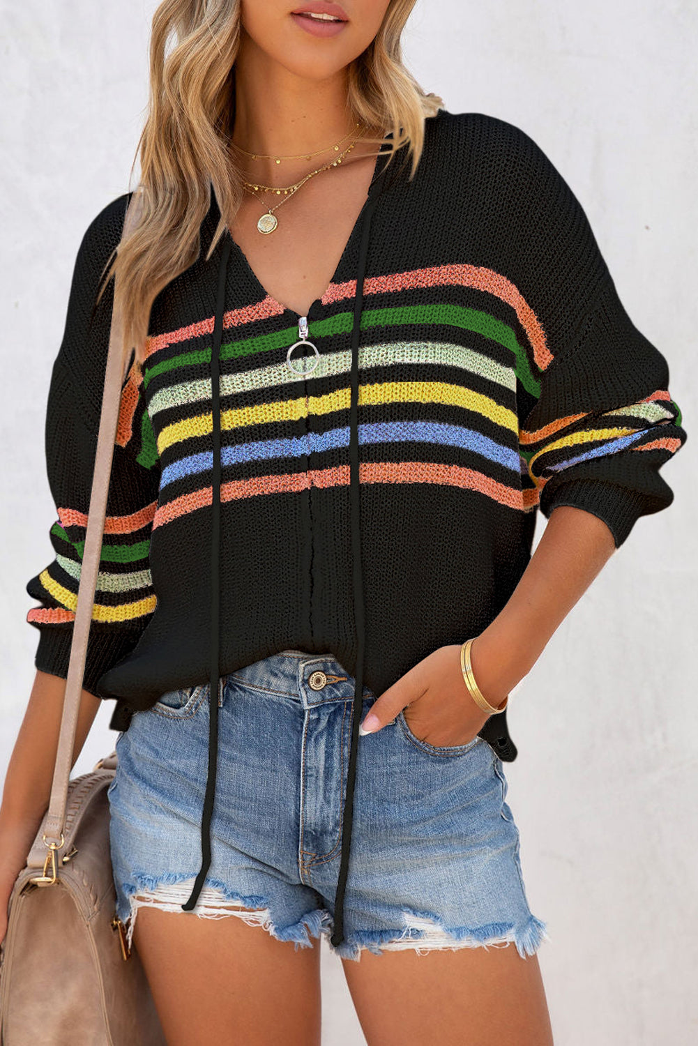 Colorful Striped Detail Zip Up Hooded Distressed Hem V Neck Sweater