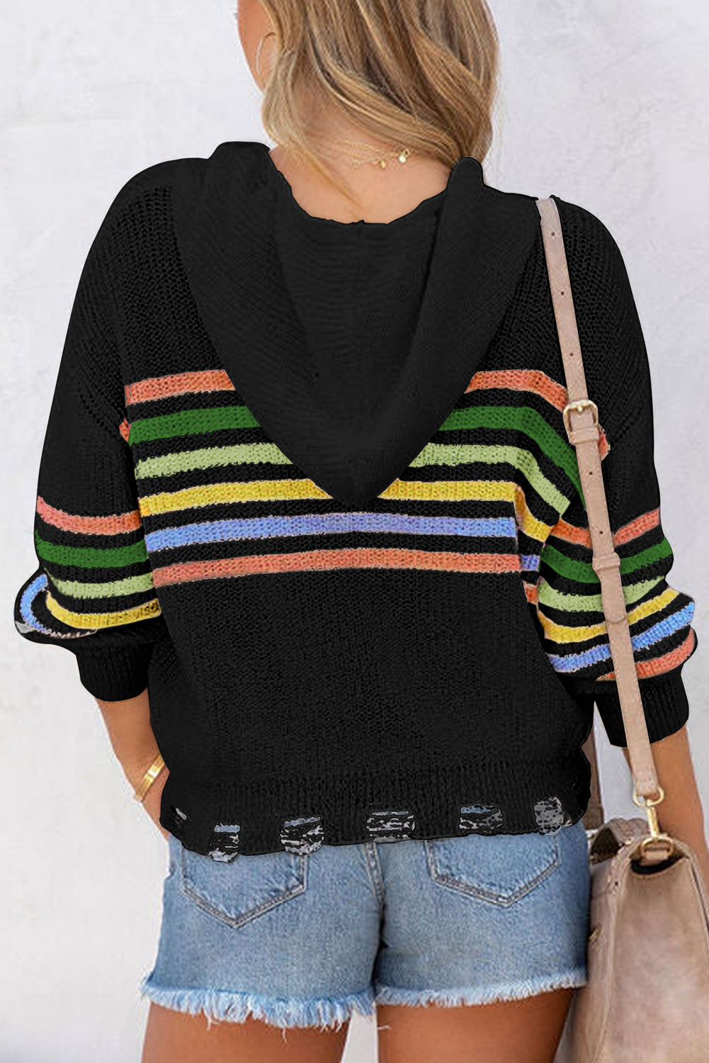Colorful Striped Detail Zip Up Hooded Distressed Hem V Neck Sweater