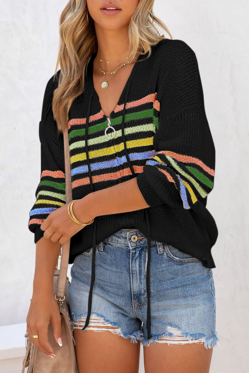 Colorful Striped Detail Zip Up Hooded Distressed Hem V Neck Sweater