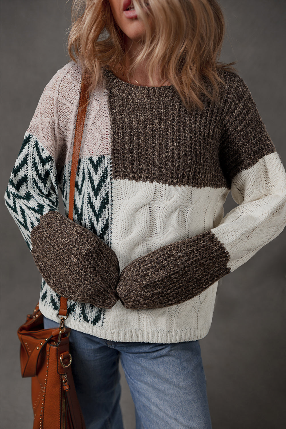 Color Block Brown Patchwork Knit Loose Fit Knotted Back Sweater
