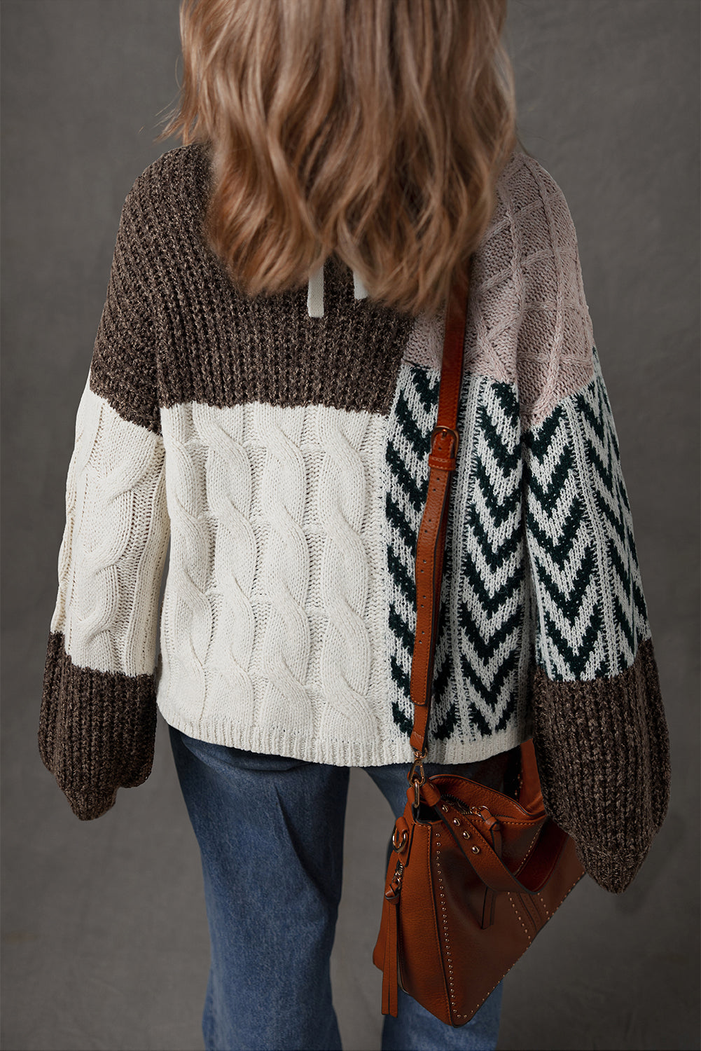 Color Block Brown Patchwork Knit Loose Fit Knotted Back Sweater