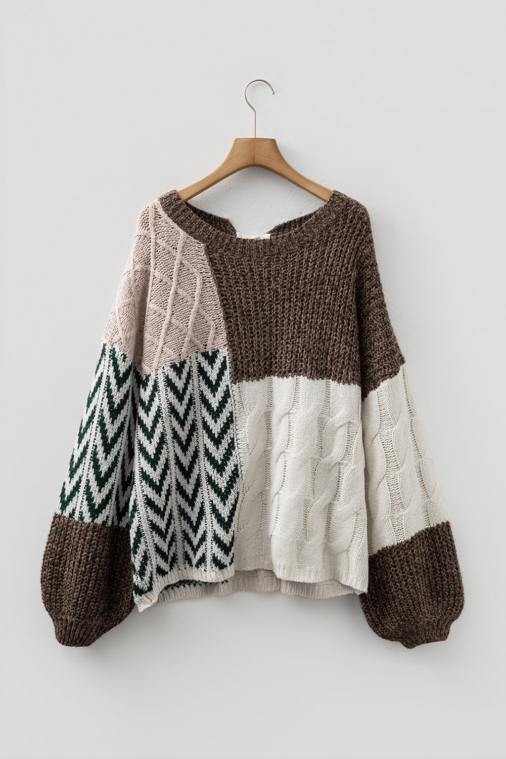 Color Block Brown Patchwork Knit Loose Fit Knotted Back Sweater
