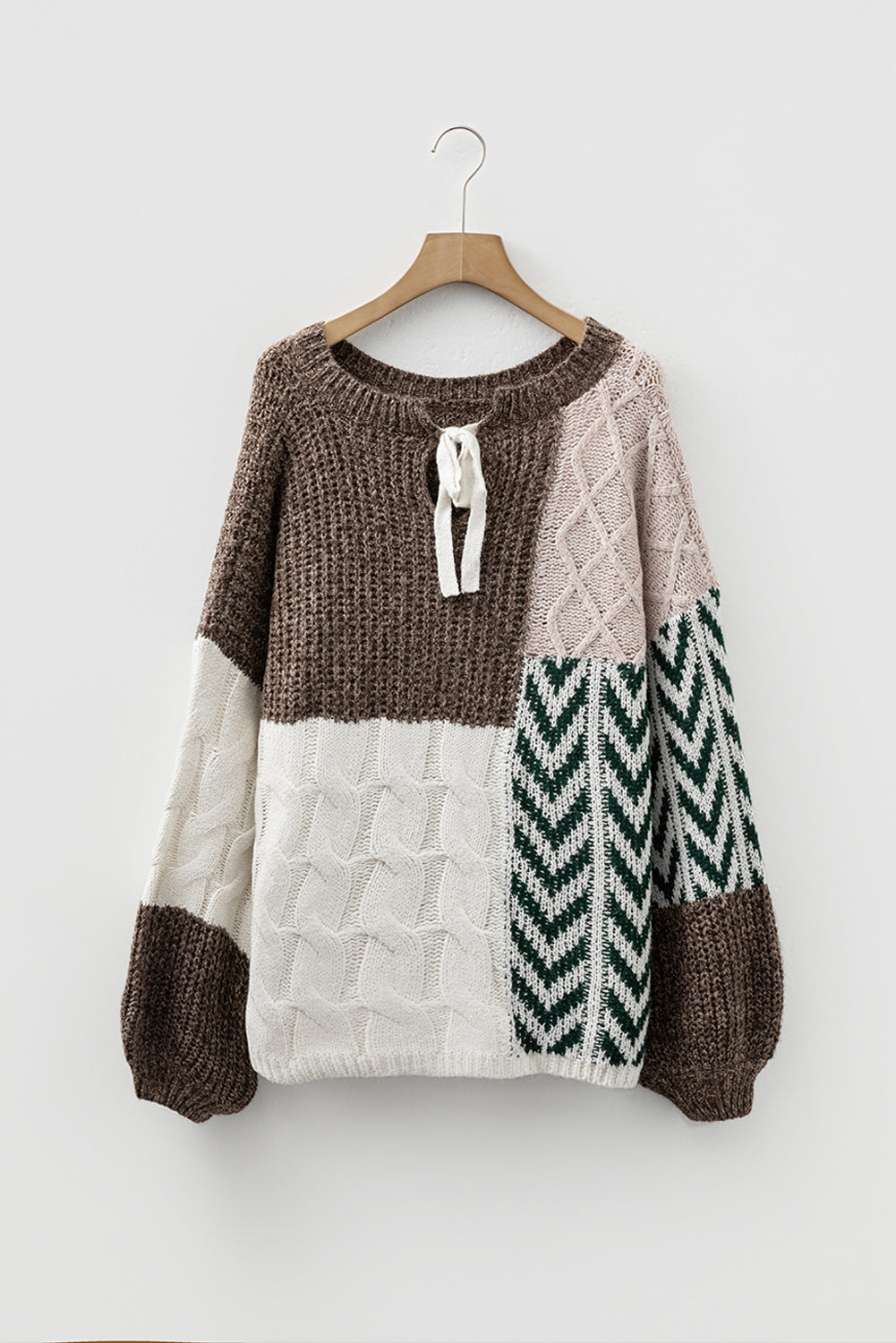 Color Block Brown Patchwork Knit Loose Fit Knotted Back Sweater