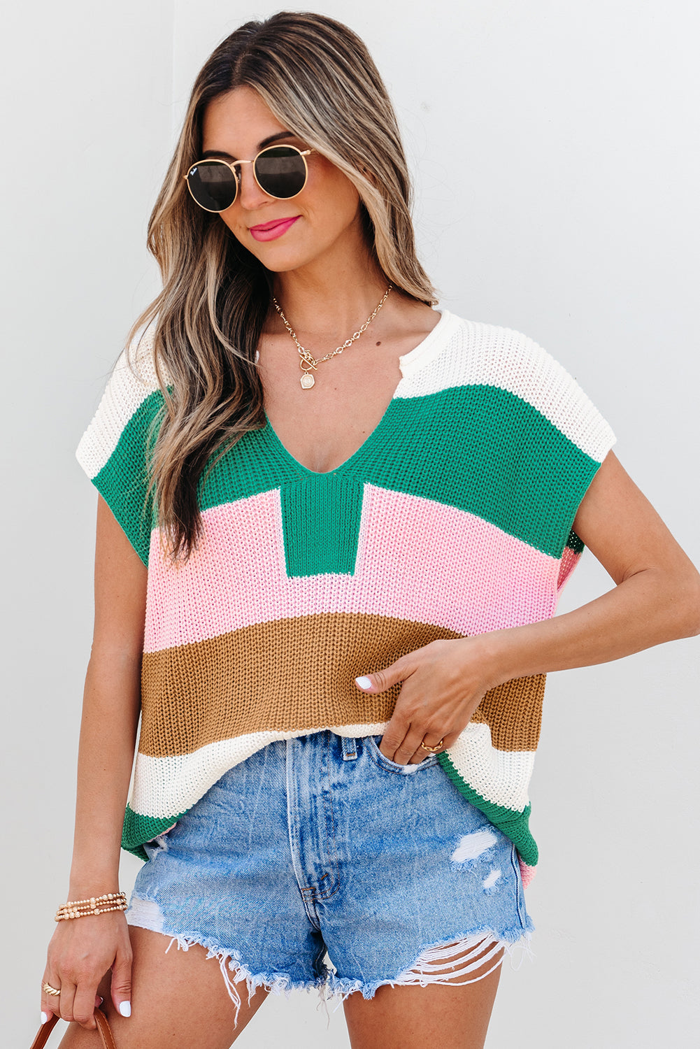 Sleeveless Striped Multicolored Blocked Knit Sweater Top