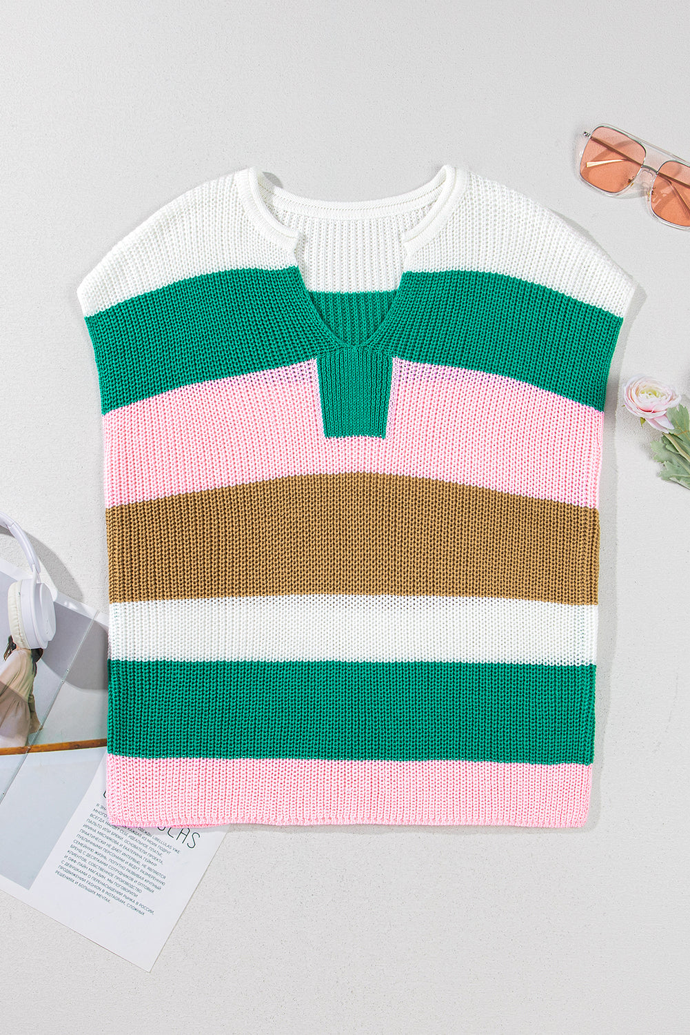 Sleeveless Striped Multicolored Blocked Knit Sweater Top
