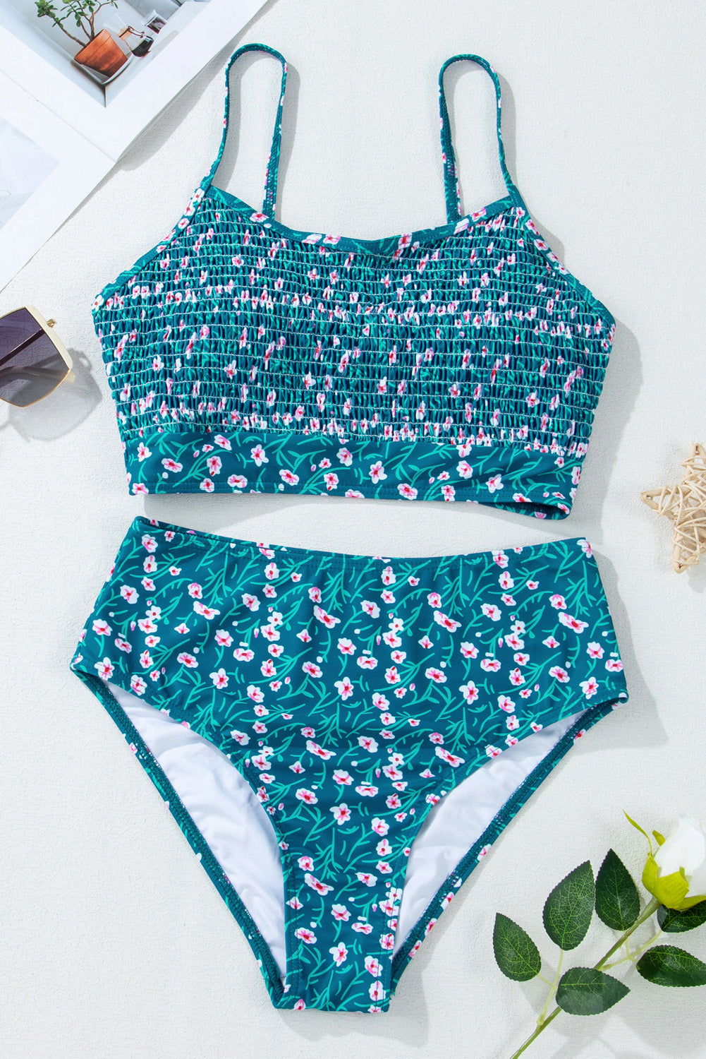 Blue Floral Print Smocked High Waist Bikini Set