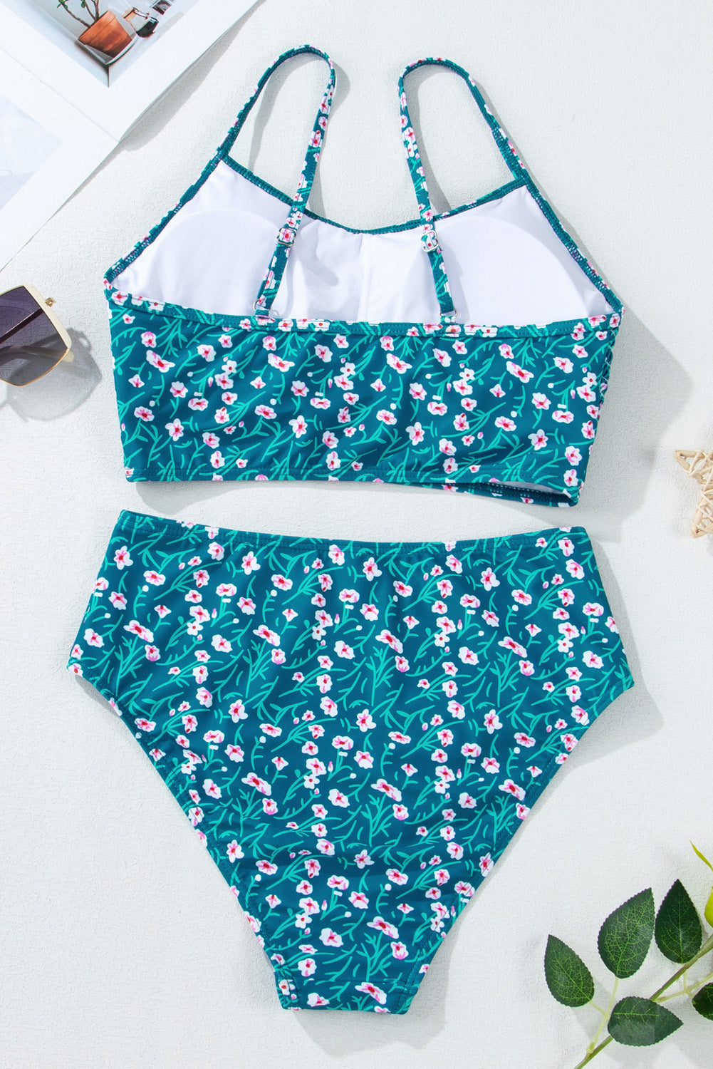 Blue Floral Print Smocked High Waist Bikini Set