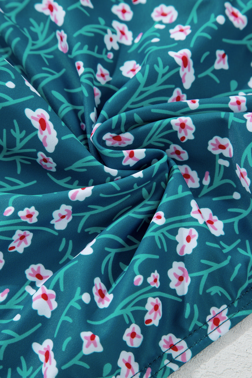 Blue Floral Print Smocked High Waist Bikini Set