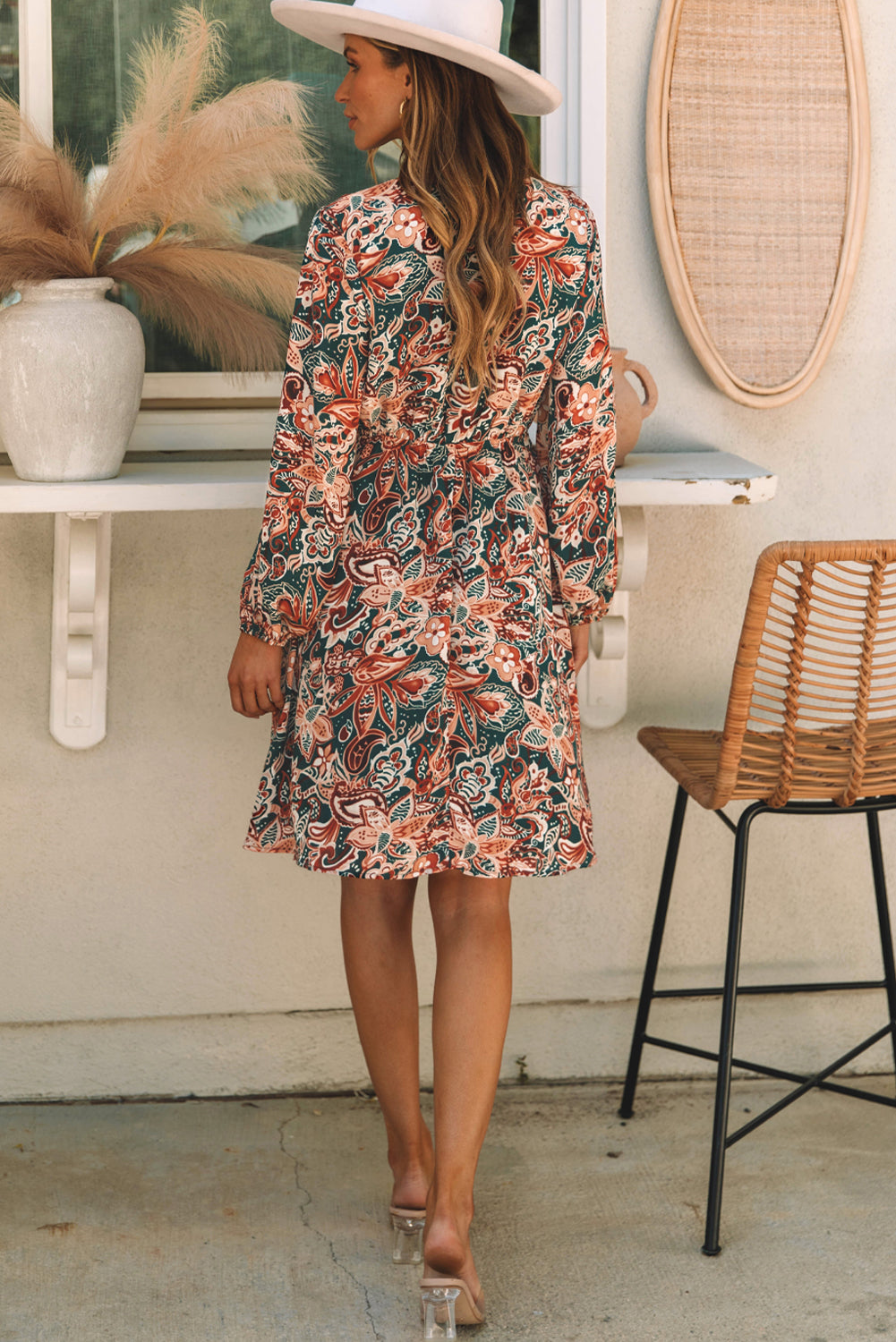 Brown Floral Print Long Sleeve Surplice Flowy Dress