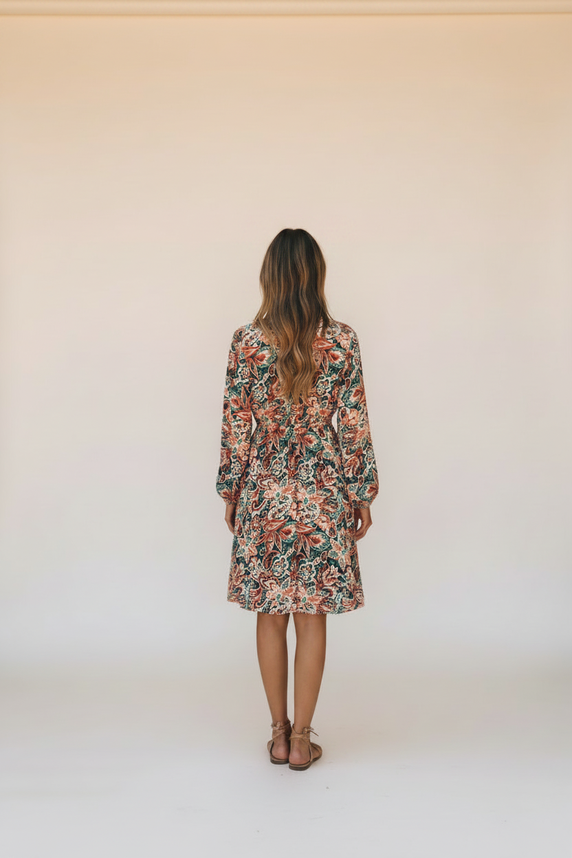 Brown Floral Print Long Sleeve Surplice Flowy Dress