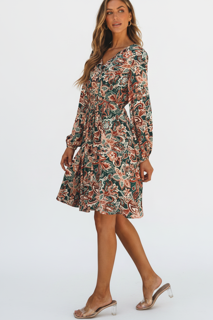 Brown Floral Print Long Sleeve Surplice Flowy Dress
