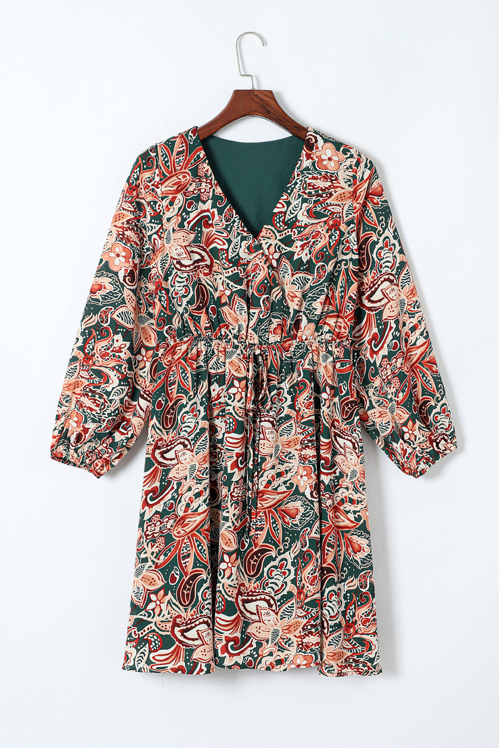 Brown Floral Print Long Sleeve Surplice Flowy Dress