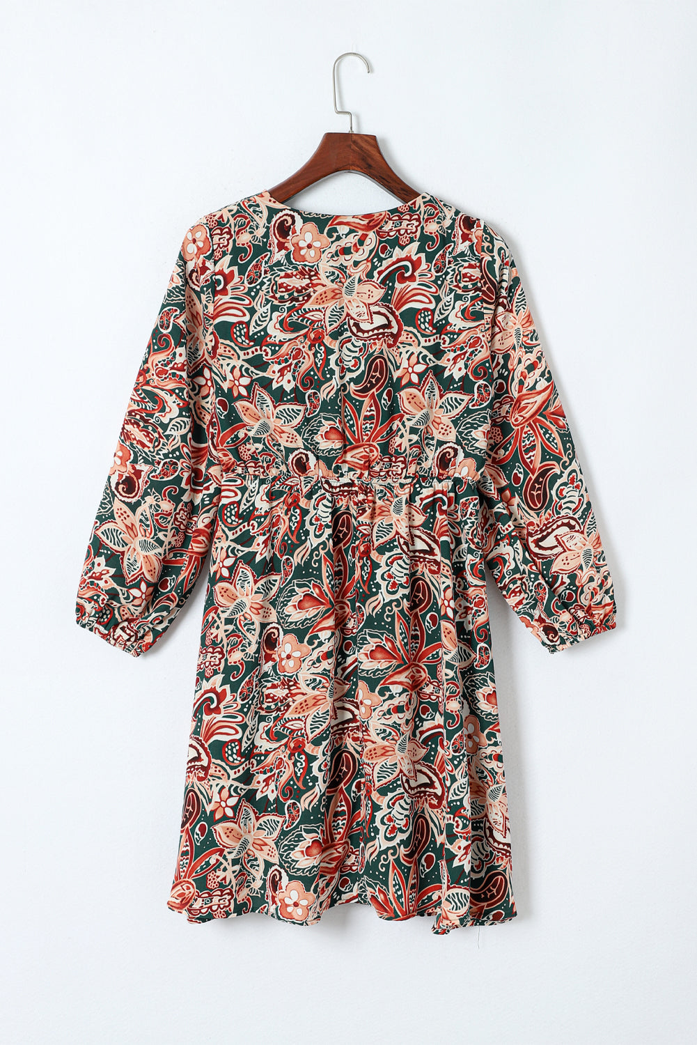 Brown Floral Print Long Sleeve Surplice Flowy Dress