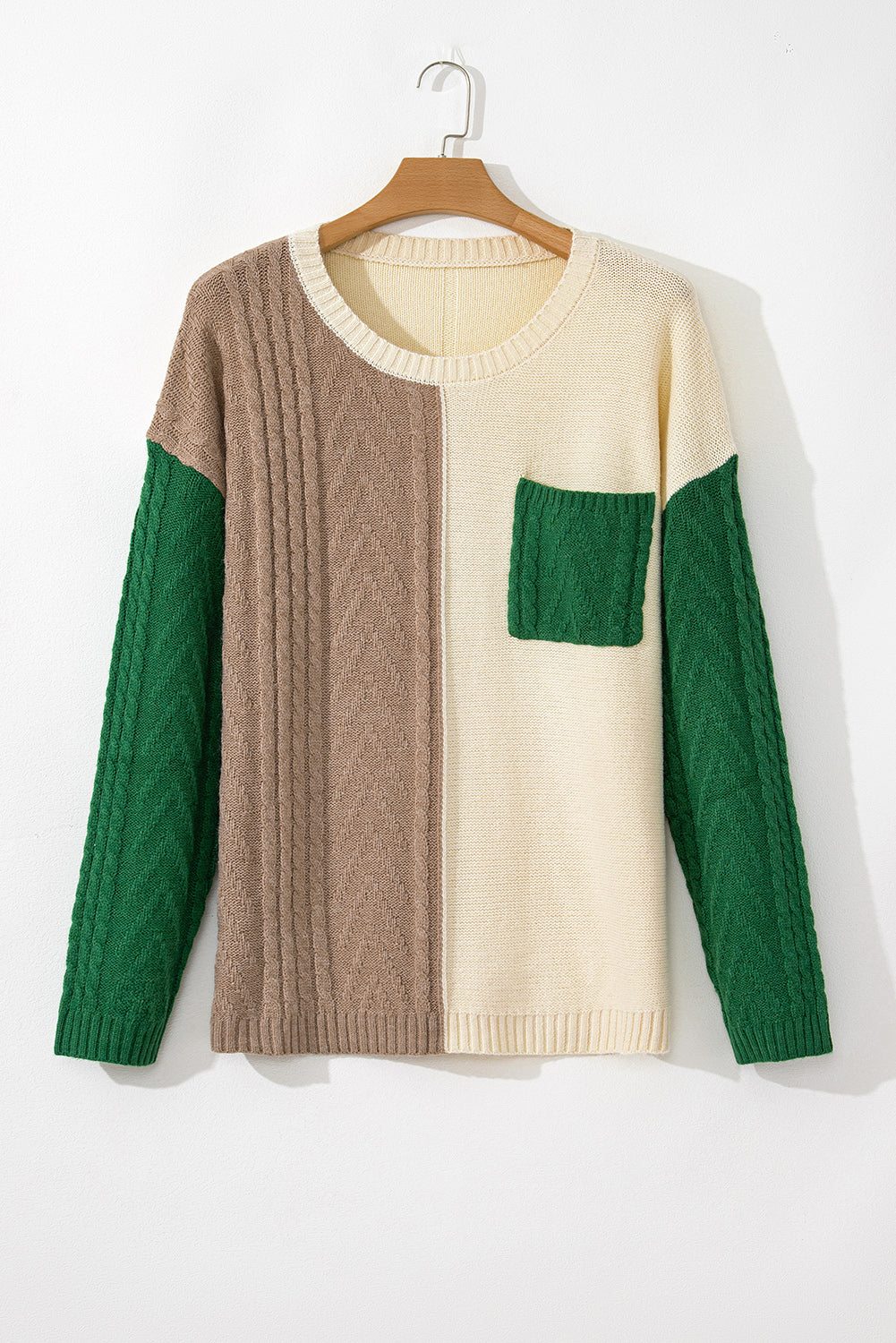 Plus Size Mist Green Color Block Patched Pocket Dropped Shoulder Sweater