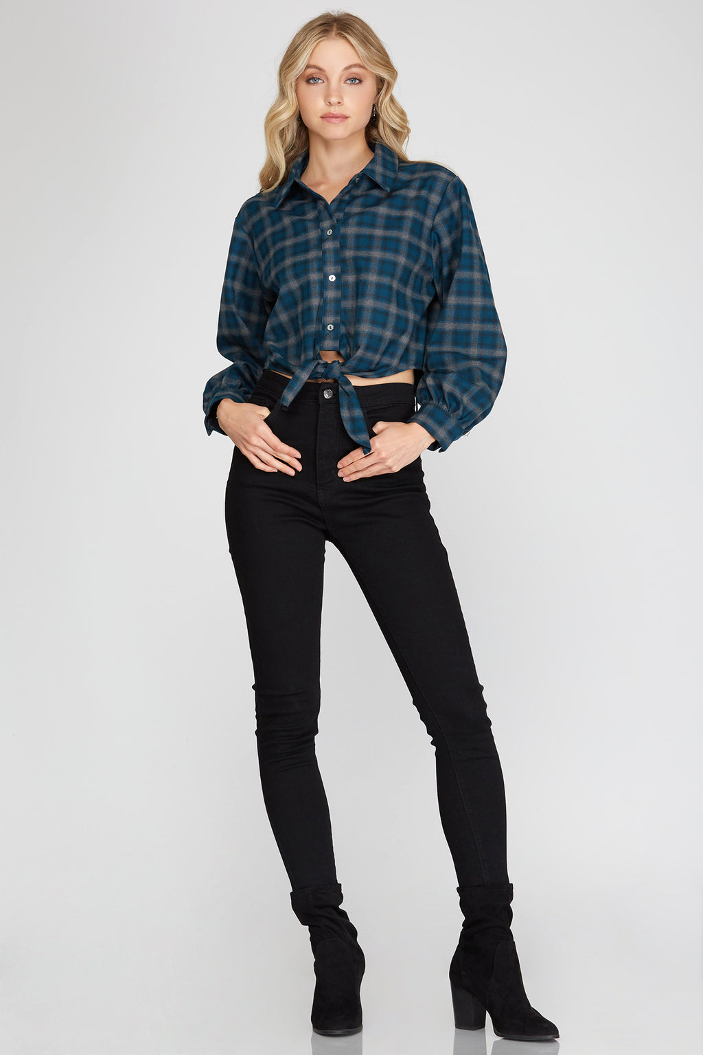 She + Sky Plaid Long Sleeve Woven Slight Crop Shirt with Front Tie Detail